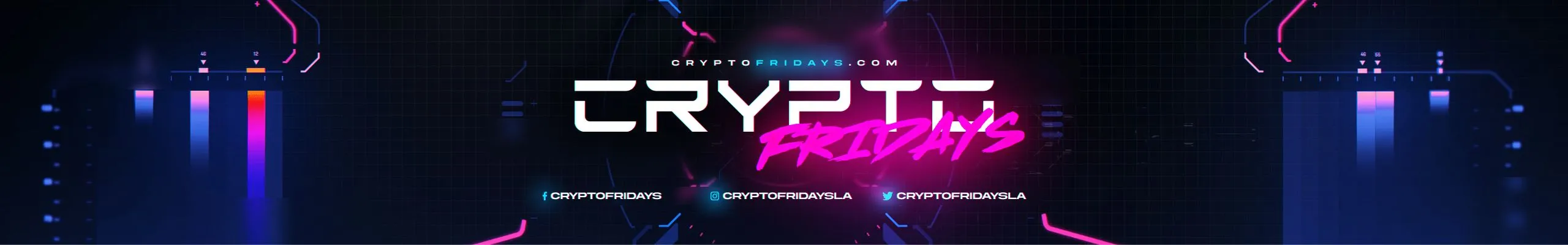 Crypto Fridays neon wordmark over a futuristic city